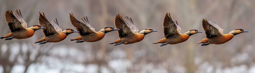 Obraz premium Flock flying in perfect formation, brown and black birds with long necks, synchronized wings, natural outdoor setting, teamwork and unity in motion