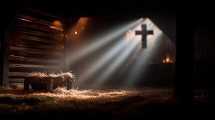 Scene depicting the nativity with light streaming in and a cross symbol in a humble stable setting