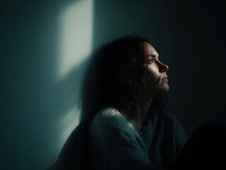 Portrait of a woman sitting in a dimly lit room, looking away toward a window