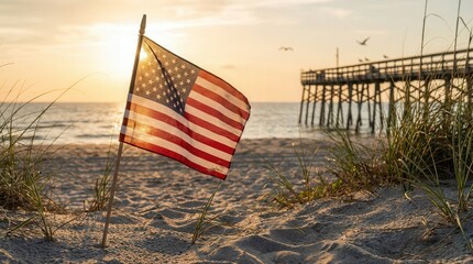 Sunset on a Quiet Beach with American Flag