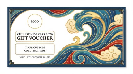 abstract gift voucher template for chinese new year 2026 with stylized waves and clouds space for logo and custom greeting isolated on white background