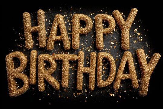 Happy birthday message in golden glitter letters lying on a white background sprinkled with gold confetti sparkles for celebration and greeting cards - Powered by Adobe