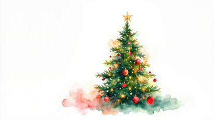 Fototapeta premium Watercolor Christmas tree illustration with ornaments and a golden star