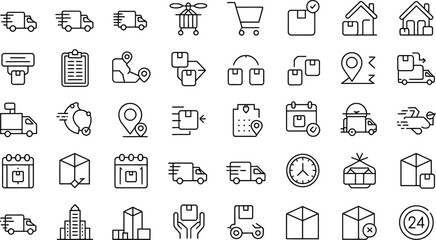 Delivery and logistics service icons with trucks, boxes, calendars, and maps vector illustration