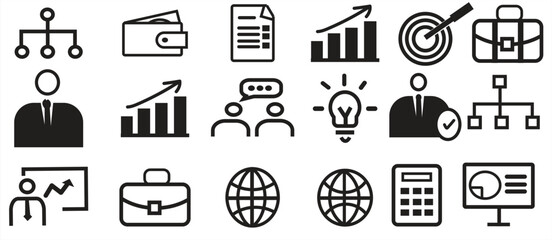 Modern Minimalist Business Icons Set – Line Art Collection Featuring Charts, Workflow, Finance, Global Network, Analytics, Target, Calendar, Lightbulb & Office Elements