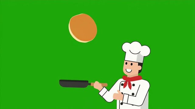 Cartoon Chef Flipping Pancake On Green Screen.
