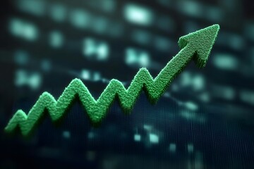 Green textured upward trending arrow graph symbolizing financial growth and positive economic progress against a blurred digital background representing data analytics and market performance