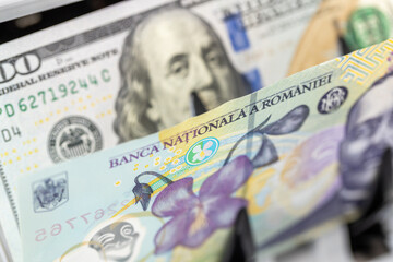 Rate of the Romanian leu to the US dollar. Financial and business concept. Currencies of Romania...