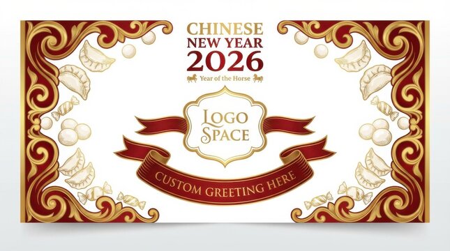luxury page header template for chinese new year 2026 with dumplings and sweets symbols space for logo and custom greeting isolated on white background