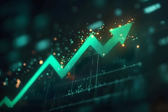 Vibrant green upward trending arrow graph with glowing digital particles and data streams symbolizing financial growth and positive economic progress