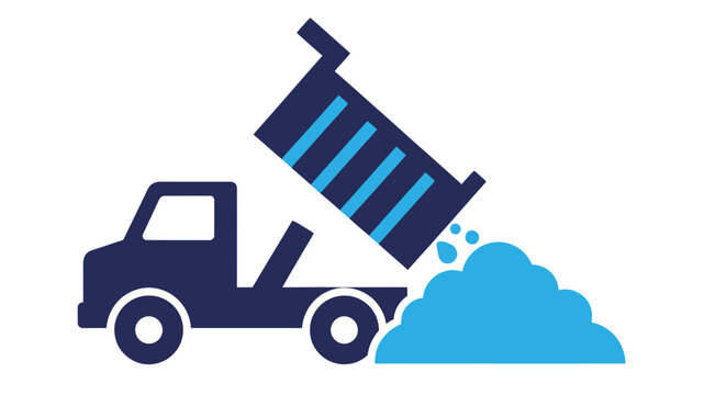 A simple blue icon depicts a dump truck unloading material showing construction or transport