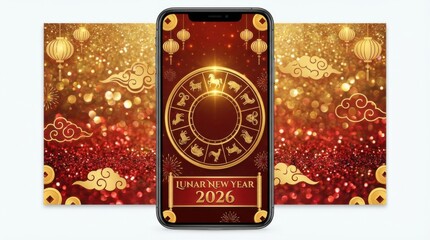 sparkling story ratio background template for chinese new year 2026 with horoscope wheel highlighting the horse editable text lunar new year 2026 isolated on white background