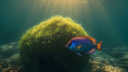 A colorful fish swimming near a large green coral in clear ocean water scene