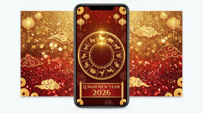 sparkling story ratio background template for chinese new year 2026 with horoscope wheel highlighting the horse editable text lunar new year 2026 isolated on white background
