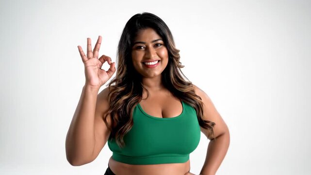 smiling indian plus size woman in green sportswear showing ok sign. body positive female posing on white background. fitness, approval and agreement concept.