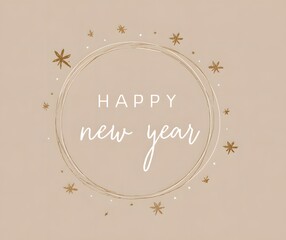 Minimalist Happy New Year Greeting Card with Delicate Hand Drawn Wreath and Gold Stars

