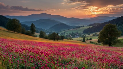 Obraz premium Vibrant wildflower field with colorful blooms under a sunset sky in a mountainous landscape