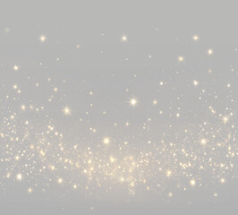Fototapeta premium Golden dust png glows with yellow sparkles, Christmas light, and floating particles. Tiny sparks create magical highlights and soft bokeh effects. Perfect for festive overlays and holiday cards.