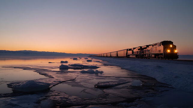 A train glides across the ice, reflecting the pastel sky at sunset. The icy landscape melts into a smooth horizon, embodying the tranquility of a journey at twilight.