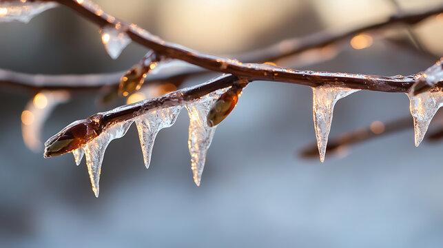 Icy branches glisten in the winter sunlight, nature's artwork. Frozen droplets create delicate, shimmering sculptures. A peaceful, cold still life. Crisp, cool and serene. - Powered by Adobe