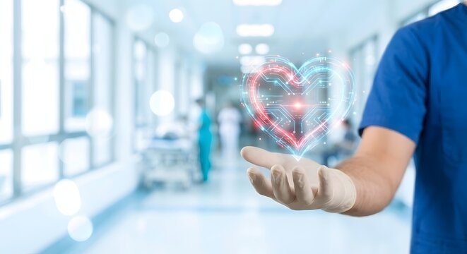 Doctor holding digital heart with circuit board, healthcare technology, medical innovation, cardiology concept.