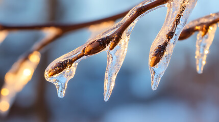Winter's icy grip on delicate tree branches, where frozen droplets encase dormant buds, shimmering in the soft, cold sunlight. A winter scene of ice-covered nature.