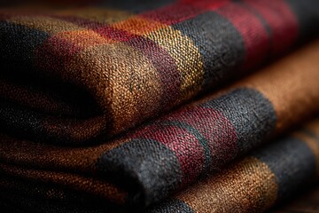 Close up of a soft, cozy, autumn colored tartan scarf, showing texture and design, perfect for adding warmth and style to any outfit during colder months
