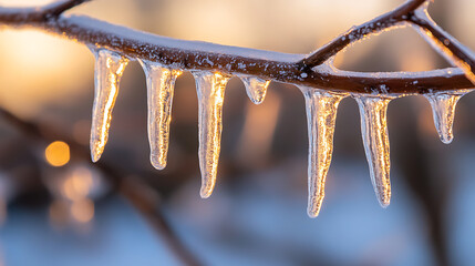 Icicles hang gracefully from a branch, illuminated by the soft, warm light of the setting sun, creating a serene winter scene with frozen beauty. Crisp, cold, and captivating!