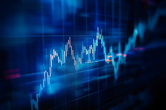 Abstract digital visualization of a fluctuating financial market graph with glowing blue lines and bokeh effects on a dark background representing economic trends and data analysis