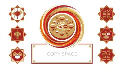 abstract label set template for chinese new year 2026 with family dinner icons central composition with copy space below isolated on white background