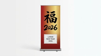 gradient roll-up banner template for chinese new year 2026 with calligraphy for good fortune editable text lunar new year 2026 isolated on white background