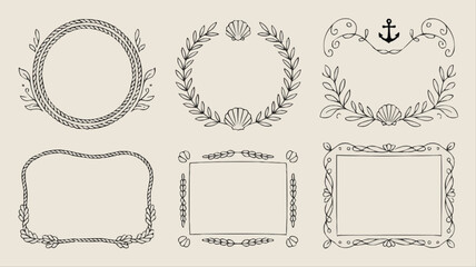 Obraz premium Elegant nautical hand drawn borders and frames, perfect for coastal designs, invitations, and beach themed projects with a vintage, rustic charm