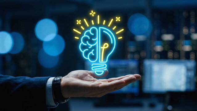 Hand holding glowing brain lightbulb symbol against a blurry background of computer screens
