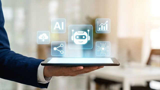 Man holding tablet with ai robot cloud share graph and chip icons floating above the screen in bright light - Powered by Adobe