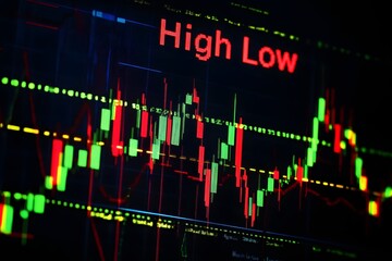 Illuminated stock market trading chart displaying fluctuating price movements with red and green candlestick patterns against a dark background