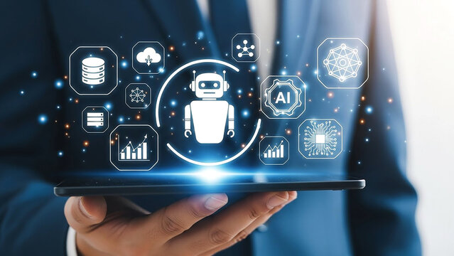 Man holding tablet with ai robot and data icons floating above it in a futuristic design style