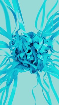 Clew of blue stripes getting tangled animation. Shiny threads folding. 3d render animation Vertical video
