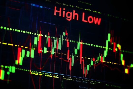 Illuminated stock market trading chart displaying fluctuating price movements with red and green candlestick patterns against a dark background