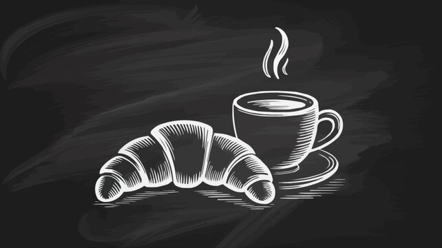Enjoy a fresh croissant with steaming coffee artfully sketched, perfect for breakfast menus or cafe promotions with a touch of classic charm