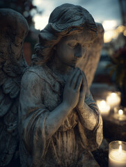 Praying angel statue with intricate details, surrounded by glowing candles, creating a serene atmosphere, symbolizing hope, faith, and remembrance in a tranquil setting