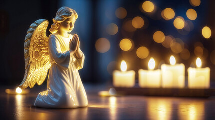 Angel figurine with golden wings kneeling in prayer beside glowing candles, creating a serene atmosphere, perfect for spiritual reflection and peaceful moments