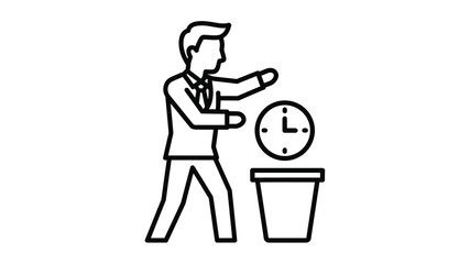 A businessman trying to throw a clock into a trash can representing time management