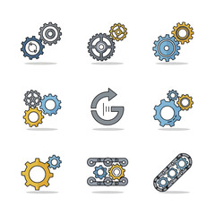 Collection of Colorful Gear and Cog Icons for Industrial and Mechanical Concepts.