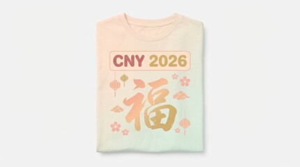 pastel t-shirt front graphic template for chinese new year 2026 with calligraphy for good fortune clean layout and large headline area isolated on white background