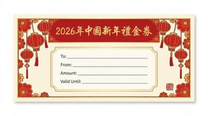 traditional gift voucher template for chinese new year 2026 with lantern border and central text area clean layout and large headline area isolated on white background