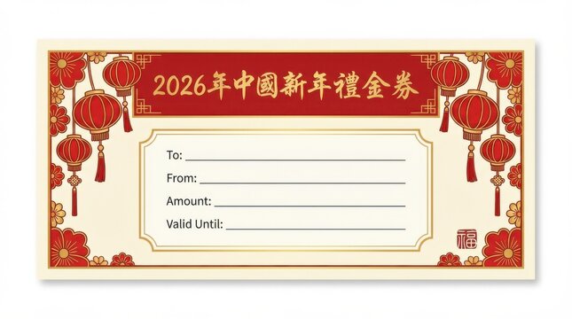 traditional gift voucher template for chinese new year 2026 with lantern border and central text area clean layout and large headline area isolated on white background