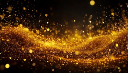 Abstract golden glitter wave with sparkling particles on a dark background, creating a magical and festive atmosphere.