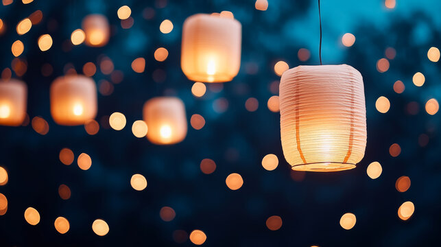 Enchanting view of soft glowing paper lanterns illuminating the night sky - Powered by Adobe