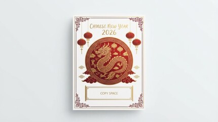 elegant shopping bag print template template for chinese new year 2026 with chinese dragon and lanterns central composition with copy space below isolated on white background