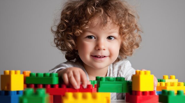 Happy young child playing with colorful building blocks on a light background